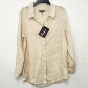Flax Linen Long Button Up Shirt Natural & Silver Metallic Thread Oversize S NWT